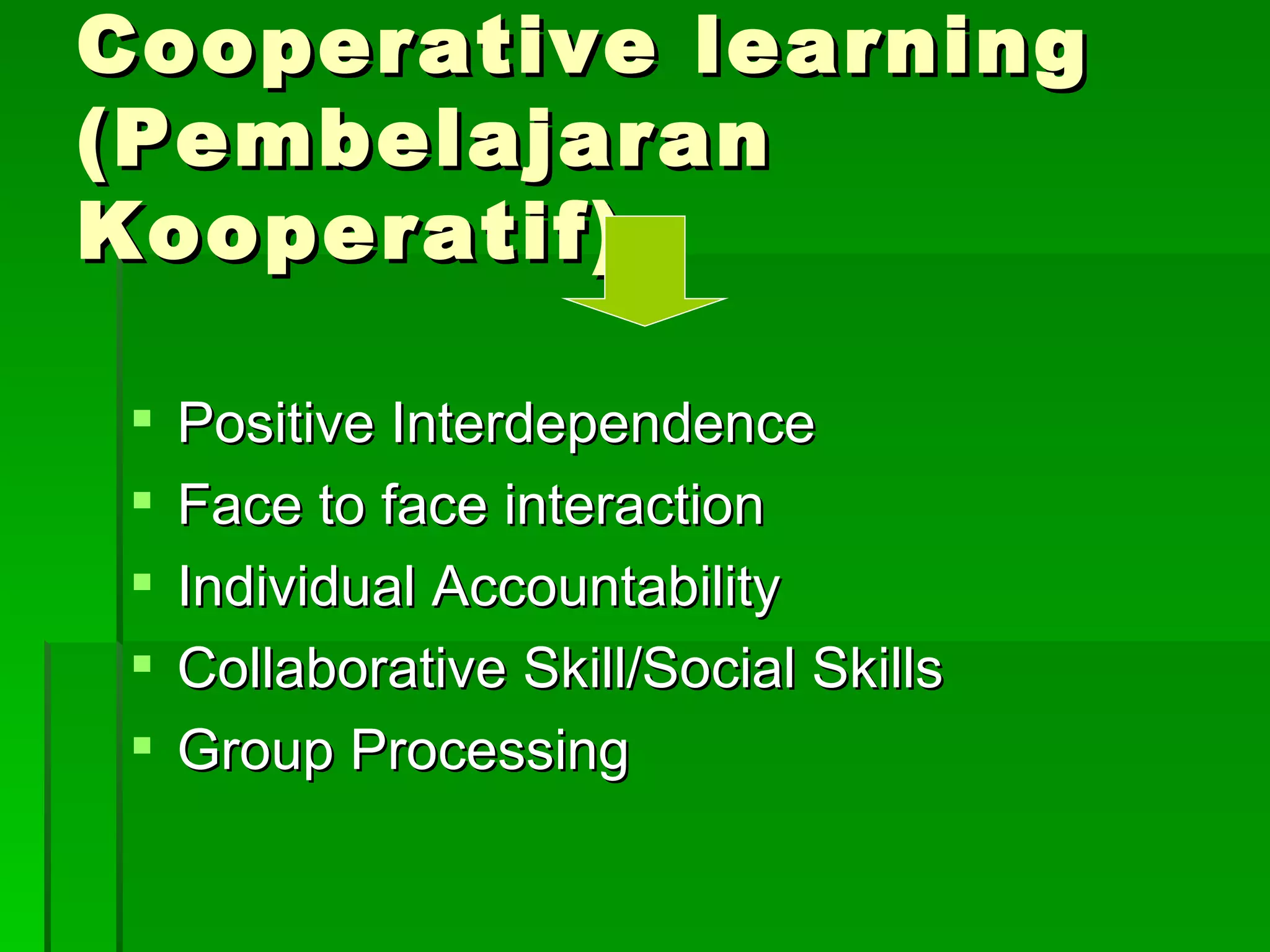 Cooperative learning (Pembelajaran Kooperatif) Positive Interdependence Face to face interaction Individual Accountability Collaborative Skill/Social Skills Group Processing 