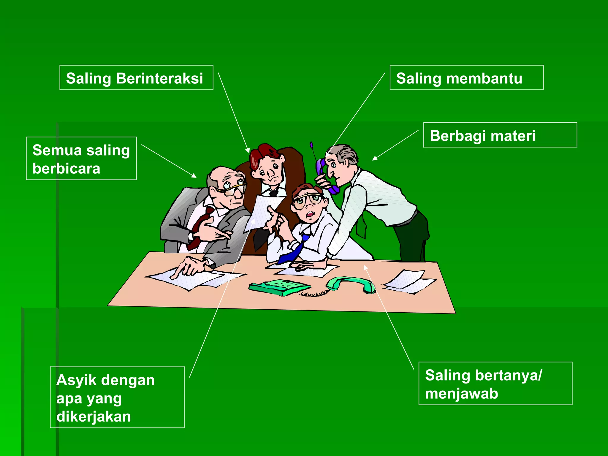 Saling Berinteraksi Saling membantu Semua saling berbicara Asyik dengan apa yang dikerjakan Berbagi materi Saling bertanya/ menjawab 