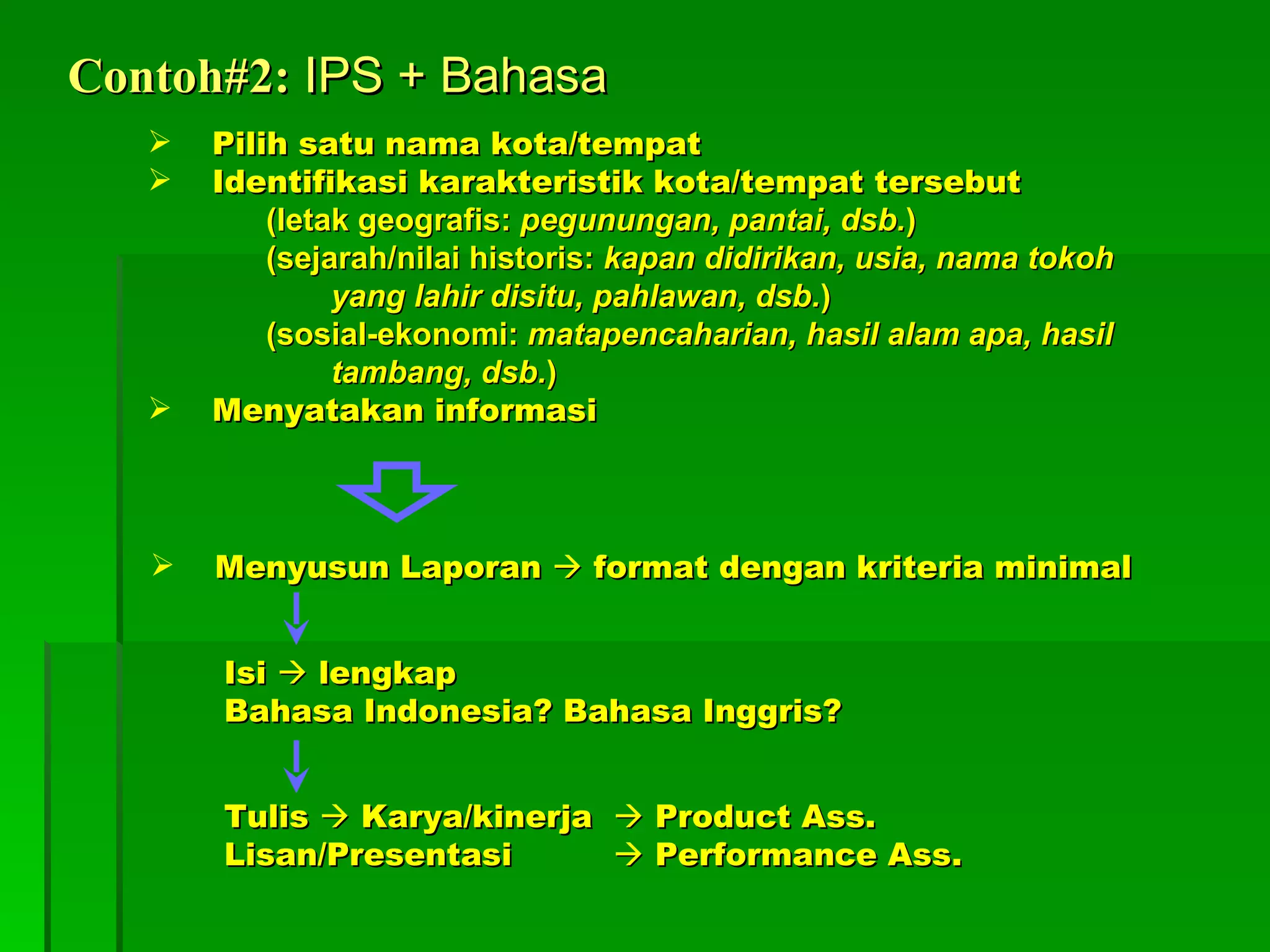 Contoh#2:  IPS + Bahasa Pilih satu nama kota/tempat Identifikasi karakteristik kota/tempat tersebut (letak geografis:  pegunungan, pantai, dsb. ) (sejarah/nilai historis:  kapan didirikan, usia, nama tokoh yang lahir disitu, pahlawan, dsb. ) (sosial-ekonomi:  matapencaharian, hasil alam apa, hasil tambang, dsb. ) Menyatakan informasi Menyusun Laporan    format dengan kriteria minimal Isi    lengkap Bahasa Indonesia? Bahasa Inggris? Tulis    Karya/kinerja    Product Ass. Lisan/Presentasi   Performance Ass. 