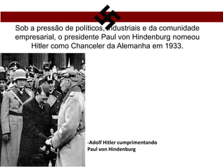 Sob a pressão de políticos, industriais e da comunidade
empresarial, o presidente Paul von Hindenburg nomeou
Hitler como Chanceler da Alemanha em 1933.
-Adolf Hitler cumprimentando
Paul von Hindenburg
 