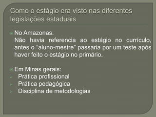  No   Amazonas:
    Não havia referencia ao estágio no currículo,
    antes o “aluno-mestre” passaria por um teste após
    haver feito o estágio no primário.

 Em   Minas gerais:
    Prática profissional
    Prática pedagógica
    Disciplina de metodologias
 