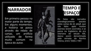 NARRADOR
Em primeira pessoa na
maior parte do tempo.
Em alguns momentos,
a história se passa
através do relato de
cartaz, um artifício
utilizado de forma
muito comum na
época do autor.
Os fatos são narrados
cronologicamente (exceto
pelas cartas do dr. Jekyll, que
são lidos após muitos
eventos terem ocorrido), e se
passa na Inglaterra da era
vitoriana do século XIX,
época assim denominada
pelo reinada da Rainha
Vitória, entre 1838 e 1901
5
TEMPO E
ESPAÇO
 