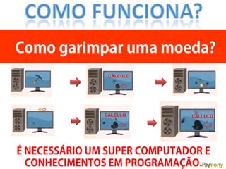 Como garimpar uma moeda?
CÁLCULO
CÁLCULO CÁLCULO
É NECESSÁRIO UM SUPER COMPUTADOR E
CONHECIMENTOS EM PROGRAMAÇÃO.
 