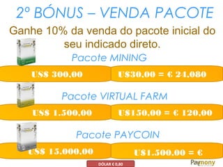 2º BÓNUS – VENDA PACOTE
Pacote MINING
US$ 300,00 U$30,00 = € 24,080
Pacote VIRTUAL FARM
US$ 1.500,00 U$150,00 = € 120,00
Pacote PAYCOIN
US$ 15.000,00 U$1.500,00 = €
1200,00
Ganhe 10% da venda do pacote inicial do
seu indicado direto.
DÓLAR € 0,80
 