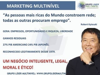 MARKETING MULTINÍVEL
RECONHECIDO LEGITIMAMENTE DESDE 1979.
GERA: EMPREGOS, OPORTUNIDADES E RIQUEZA, LIBERDADE
27% PIB AMERICANO 24% PIB JAPONÊS.
“As pessoas mais ricas do Mundo constroem rede;
todas as outras procuram emprego”.
Robert Kyiosaki
GANHOS RESIDUAIS
 