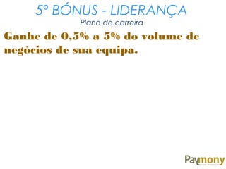 5º BÓNUS - LIDERANÇA
Plano de carreira
Ganhe de 0,5% a 5% do volume de
negócios de sua equipa.
 