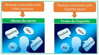 Obras da carne
Homem controlado pela
velha natureza.
Fruto do Espírito
Homem controlado pelo
Espírito Santo
PazIra
 