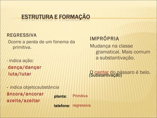 REGRESSIVA Ocorre a perda de um fonema da primitiva. - indica ação: dança/dançar luta/lutar -  indica objeto;substância âncora/ancorar azeite/azeitar IMPRÓPRIA Mudança na classe gramatical. Mais comum a substantivação. O  cantar  do pássaro é belo. (Substantivação) planta: telefone : Primitiva regressiva 