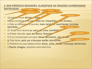 a)Levantei-me  e deixei a sala . b)Quis contestar a decisão,  mas fui impedido pelo diretor. c) Não só compareci à reunião,  mas também manifestei minhas opiniões. d) “Entro num drama  ou saio de uma comédia ?” e) Preste atenção,  que eu estou falando ! f) É um comprovado corrupto;  deve, portanto, ser preso . g) Fale baixo,  pois as crianças estão dormindo . h) Pediram-me que falasse baixo ;  deve, pois, haver crianças dormindo. i)  Paula chegou , portanto você está livre. ADITIVA ADVERSATIVA ADITIVA ALTERNATIVA EXPLICATIVA CONCLUSIVA EXPLICATIVA EXPLICATIVA 