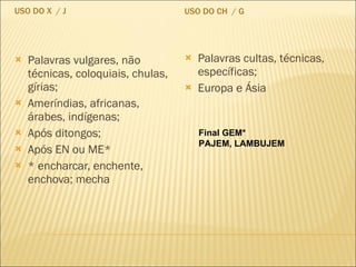 USO DO X  / J USO DO CH  / G Palavras vulgares, não técnicas, coloquiais, chulas, gírias; Ameríndias, africanas, árabes, indígenas; Após ditongos; Após EN ou ME* * encharcar, enchente, enchova; mecha Palavras cultas, técnicas, específicas; Europa e Ásia Final GEM* PAJEM, LAMBUJEM 