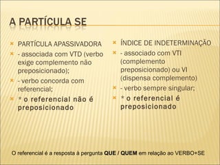 PARTÍCULA APASSIVADORA - associada com VTD (verbo exige complemento não preposicionado); - verbo concorda com referencial; *  o referencial não é preposicionado ÍNDICE DE INDETERMINAÇÃO - associado com VTI (complemento preposicionado) ou VI (dispensa complemento) - verbo sempre singular; *  o referencial é preposicionado O referencial é a resposta à pergunta  QUE / QUEM  em relação ao VERBO+SE 