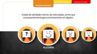 EMOÇÕES DE FUNDO
EMOÇÕES SECUNDÁRIAS
EMOÇÕES PRIMÁRIAS
ALEGRIA
Estado de satisfação interior, de intensidade, animo que
consequentemente gera contentamento em alguém.
 