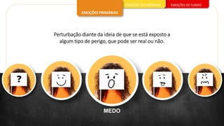 EMOÇÕES DE FUNDO
EMOÇÕES SECUNDÁRIAS
EMOÇÕES PRIMÁRIAS
MEDO
Perturbação diante da ideia de que se está exposto a
algum tipo de perigo, que pode ser real ou não.
 
