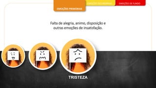 EMOÇÕES DE FUNDO
EMOÇÕES SECUNDÁRIAS
EMOÇÕES PRIMÁRIAS
TRISTEZA
Falta de alegria, animo, disposição e
outras emoções de insatisfação.
 