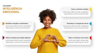 Lorem ipsum dolor sit amet sed,
consectetur adipiscing elit, sed do
Saber se relacionar com outros
Lorem ipsum dolor sit amet, consectetur
adipiscing elit, sed do eiusmod tempor
Reconhecer a emoção dos outros
Lorem ipsum dolor sit amet, consectetur
adipiscing elit, sed do eiusmod tempor
Guiar e controlar emoções
Lorem ipsum dolor sit amet, consectetur
adipiscing elit, sed do eiusmod tempor
Utilizar emoções para atingir objetivos
Lorem ipsum dolor sit amet, consectetur
adipiscing elit, sed do eiusmod tempor
Identificar emoções e sentimentos
INTELIGÊNCIA
EMOCIONAL
conceito
 