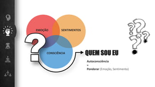 Autoconsciência
=
Ponderar (Emoção, Sentimento)
EMOÇÃO SENTIMENTOS
CONSCIÊNCIA QUEM SOU EU
 