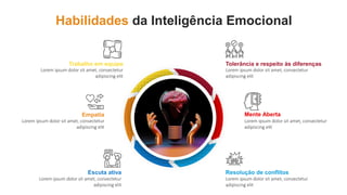 Habilidades da Inteligência Emocional
Trabalho em equipe
Lorem ipsum dolor sit amet, consectetur
adipiscing elit
Empatia
Lorem ipsum dolor sit amet, consectetur
adipiscing elit
Escuta ativa
Lorem ipsum dolor sit amet, consectetur
adipiscing elit
Resolução de conflitos
Lorem ipsum dolor sit amet, consectetur
adipiscing elit
Mente Aberta
Lorem ipsum dolor sit amet, consectetur
adipiscing elit
Tolerância e respeito às diferenças
Lorem ipsum dolor sit amet, consectetur
adipiscing elit
 