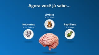 Agora você já sabe...
Néocortex
Límbico
Reptiliano
Te protege
Te faz sentir
Te faz “crescer”
 