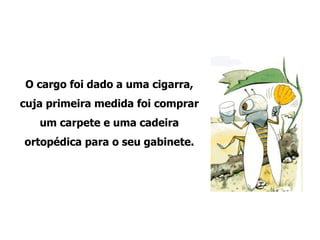 O cargo foi dado a uma cigarra, cuja primeira medida foi comprar um carpete e uma cadeira ortopédica para o seu gabinete. 