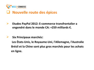  Nouvelle route des épices
 Etudes PayPal 2012: E-commerce transfrontalier a
engendré dans le monde CA: +259 milliards €.
 Six Principaux marchés:
Les États-Unis, le Royaume-Uni, l'Allemagne, l'Australie
Brésil et la Chine sont plus gros marchés pour les achats
en ligne.
 