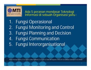 4 
Ada 5 peranan mendasar Teknologi 
Informasi di sebuah Organisasi yaitu : 
1. Fungsi Operasional 
2. Fungsi Monitoring and Control 
3. Fungsi Planning and Decision 
4. Fungsi Communication 
5. Fungsi Interorganisational 
Dimas Prasetyo Utomo (13.52.0507) Yudha Yudhanto (13.52.0511) Totok Ari Setyanto (13.52.0513) Gunawan Sulistiyo (13.52.0500) 
 