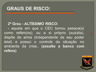 2º Grau - ALTÍSSIMO RISCO:
- aquela em que o CEC tomou pessoa(s)
como refém(ns), ou a si próprio (suicida),
dispõe de arma (independente de seu poder
letal) e possui o controle da situação no
ambiente da crise.. (assalto a banco com
reféns)
GRAUS DE RISCO:
●
 