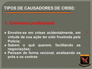 1. Criminoso profissional:
⚫ Envolve-se em crises acidentalmente, em
virtude de sua ação ter sido frustrada pela
Polícia;
⚫ Sabem o quê querem, facilitando as
negociações;
⚫ Pensam de forma racional, analisando os
prós e os contras
TIPOS DE CAUSADORES DE CRISE:
●
 