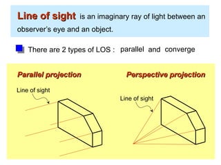 Line of sight
Line of sight is an imaginary ray of light between an
observer’s eye and an object.
Line of sight
Parallel projection
Parallel projection
Line of sight
Perspective projection
Perspective projection
There are 2 types of LOS : parallel converge
and
 