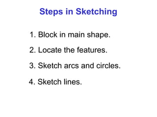 Steps in Sketching
1. Block in main shape.
2. Locate the features.
3. Sketch arcs and circles.
4. Sketch lines.
 