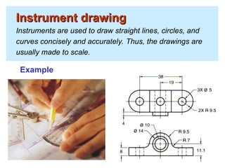 Instrument drawing
Instrument drawing
Instruments are used to draw straight lines, circles, and
curves concisely and accurately. Thus, the drawings are
usually made to scale.
Example
 