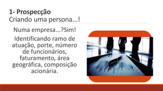 1- Prospecção
Criando uma persona...!
Numa empresa...?Sim!
Identificando ramo de
atuação, porte, número
de funcionários,
faturamento, área
geográfica, composição
acionária.
 