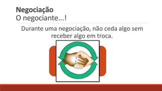 Negociação
O negociante...!
Durante uma negociação, não ceda algo sem
receber algo em troca.
 
