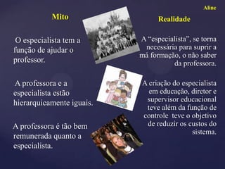 Aline
            Mito                 Realidade

 O especialista tem a      A “especialista”, se torna
função de ajudar o          necessária para suprir a
                           má formação, o não saber
professor.                           da professora.

A professora e a           A criação do especialista
especialista estão           em educação, diretor e
hierarquicamente iguais.    supervisor educacional
                            teve além da função de
                           controle teve o objetivo
A professora é tão bem      de reduzir os custos do
                                           sistema.
remunerada quanto a
especialista.
 