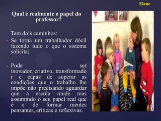 Elane

    Qual é realmente o papel do
             professor?

    Tem dois caminhos:
•   Se torna um trabalhador dócil
    fazendo tudo o que o sistema
    solicita;

•   Pode                           ser
    inovador, criativo, transformado
    r e capaz de superar as
    condições que o trabalho lhe
    impõe não precisando aguardar
    que a escola mude mas
    assumindo o seu papel real que
    é o de formar mentes
    pensantes, críticas e reflexivas.
 