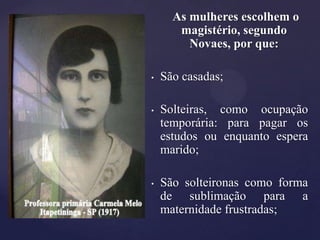 As mulheres escolhem o
       magistério, segundo
         Novaes, por que:

•   São casadas;

•   Solteiras, como ocupação
    temporária: para pagar os
    estudos ou enquanto espera
    marido;

•   São solteironas como forma
    de sublimação para a
    maternidade frustradas;
 