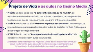 Projeto de Vida e as aulas no Ensino Médio
1ª SÉRIE: Dedica-se ao eixo “O autoconhecimento, eu no mundo”, ao
reconhecimento da importância dos valores, a existência de competências
fundamentais que se relacionam e se integram, entre outros aspectos.
2ª SÉRIE: Dedica-se ao eixo “O Futuro: os planos e as decisões”. Nessa etapa, os
jovens documentam suas reflexões e tomadas de decisões no Guia Prático para
a Elaboração do Projeto de Vida.
3ª SÉRIE: Dedica-se ao “Acompanhamento do seu Projeto de Vida”. Os
estudantes não recebem aulas estruturadas.
Guia Prático para elaboração do Projeto de Vida é de uso exclusivo do jovem, ou
seja, é fundamental que o educador tenha acesso apenas mediante sua
concordância. A privacidade do jovem deverá ser respeitada.
 