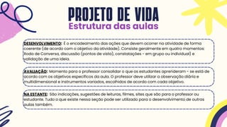 PROJETO DE VIDA
Estrutura das aulas
DESENVOLVIMENTO: É o encadeamento das ações que devem ocorrer na atividade de forma
coerente (de acordo com o objetivo da atividade). Consiste geralmente em quatro momentos:
Roda de Conversa, discussão (pontos de vista), constatações - em grupo ou individual) e
validação de uma ideia.
AVALIAÇÃO: Momento para o professor consolidar o que os estudantes aprenderam - se está de
acordo com os objetivos específicos da aula. O professor deve utilizar a observação diária e
multidimensional e instrumentos variados, escolhidos de acordo com cada objetivo.
NA ESTANTE: São indicações, sugestões de leituras, filmes, sites que são para o professor ou
estudante. Tudo o que existe nessa seção pode ser utilizado para o desenvolvimento de outras
aulas também.
 