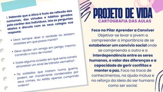 PROJETODEVIDA
CARTOGRAFIA DAS AULAS
Devo sempre dizer a verdade ou existem
ocasiões em que posso mentir?
Devo ajudar um amigo em perigo, mesmo
correndo o risco de morte?
Existe alguma ocasião em que seria correto
atravessar um sinal de trânsito vermelho?
Os soldados que matam numa guerra,
podem ser moralmente condenados por
seus crimes, ou estão apenas cumprindo
ordens?
1. Sabendo que a ética é fruto da reflexão dos
costumes, das virtudes e hábitos gerados
pelo caráter dos indivíduos, leia as perguntas
abaixo e discuta com os seus colegas sua
resposta: Foco no Pilar Aprender a Conviver
Objetiva-se levar o jovem a
compreender a importância de se
estabelecer um convívio social onde
se compreenda o outro e a
interdependência entre os seres
humanos, o valor das diferenças e a
capacidade de gerir conflitos e
manter a paz. Foco na troca de
conhecimentos, na ajuda mútua e
no reforço da ideia do ser humano
como ser social.
 