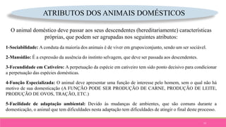 12
ATRIBUTOS DOS ANIMAIS DOMÉSTICOS
O animal doméstico deve passar aos seus descendentes (hereditariamente) características
próprias, que podem ser agrupadas nos seguintes atributos:
1-Sociabilidade: A conduta da maioria dos animais é de viver em grupos/conjunto, sendo um ser sociável.
2-Mansidão: É a expressão da ausência do instinto selvagem, que deve ser passada aos descendentes.
3-Fecundidade em Cativeiro: A perpetuação da espécie em cativeiro tem sido ponto decisivo para condicionar
a perpetuação das espécies domésticas.
4-Função Especializada: O animal deve apresentar uma função de interesse pelo homem, sem o qual não há
motivo de sua domesticação (A FUNÇÃO PODE SER PRODUÇÃO DE CARNE, PRODUÇÃO DE LEITE,
PRODUÇÃO DE OVOS, TRAÇÃO, ETC.)
5-Facilidade de adaptação ambiental: Devido às mudanças de ambientes, que são comuns durante a
domesticação, o animal que tem dificuldades nesta adaptação tem dificuldades de atingir o final deste processo.
 