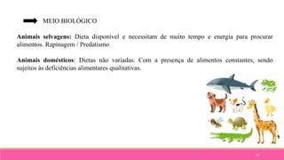 15
MEIO BIOLÓGICO
Animais selvagens: Dieta disponível e necessitam de muito tempo e energia para procurar
alimentos. Rapinagem / Predatismo
Animais domésticos: Dietas não variadas. Com a presença de alimentos constantes, sendo
sujeitos às deficiências alimentares qualitativas.
 