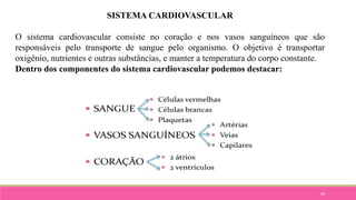 48
SISTEMA CARDIOVASCULAR
O sistema cardiovascular consiste no coração e nos vasos sanguíneos que são
responsáveis pelo transporte de sangue pelo organismo. O objetivo é transportar
oxigênio, nutrientes e outras substâncias, e manter a temperatura do corpo constante.
Dentro dos componentes do sistema cardiovascular podemos destacar:
 