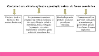 5
Zootenia é uma ciência aplicada a produção animal de forma econômica.
Estuda as técnicas
de criação dos
animais domésticos
Seu processo acompanha o
progresso de outras ciências que se
interagem (biologia, química,
matemática, física, português)
(agronomia; veterinária;
engenharia de alimentos; gestão
ambiental; administração).
O animal aproveita
produtos essenciais
para alguma
finalidade.
Processos criatórios
que visam lucro, com
seus valores que
possibilitam geração
de renda nos diversos
segmentos.
 