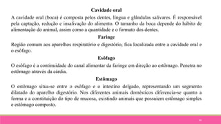 60
Cavidade oral
A cavidade oral (boca) é composta pelos dentes, língua e glândulas salivares. É responsável
pela captação, redução e insalivação do alimento. O tamanho da boca depende do hábito de
alimentação do animal, assim como a quantidade e o formato dos dentes.
Faringe
Região comum aos aparelhos respiratório e digestório, fica localizada entre a cavidade oral e
o esôfago.
Esôfago
O esôfago é a continuidade do canal alimentar da faringe em direção ao estômago. Penetra no
estômago através da cárdia.
Estômago
O estômago situa-se entre o esôfago e o intestino delgado, representando um segmento
dilatado do aparelho digestório. Nos diferentes animais domésticos diferencia-se quanto a
forma e a constituição do tipo de mucosa, existindo animais que possuiem estômago simples
e estômago composto.
 