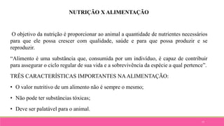 77
NUTRIÇÃO X ALIMENTAÇÃO
O objetivo da nutrição é proporcionar ao animal a quantidade de nutrientes necessários
para que ele possa crescer com qualidade, saúde e para que possa produzir e se
reproduzir.
“Alimento é uma substância que, consumida por um indivíduo, é capaz de contribuir
para assegurar o ciclo regular de sua vida e a sobrevivência da espécie a qual pertence”.
TRÊS CARACTERÍSTICAS IMPORTANTES NAALIMENTAÇÃO:
• O valor nutritivo de um alimento não é sempre o mesmo;
• Não pode ter substâncias tóxicas;
• Deve ser palatável para o animal.
 