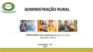1
Rondonópolis - MT
2022
PROFESSORA: Eng. Agrônoma: Rosana A. S. Rocha
Mestranda - PPGAT
 