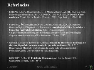 Referências
• FARIAS, Alberto Queiroz; DEGUTI, Marta Mitiko; CARRILHO, Flair José.
Doenças gastrintestinais. In: GOLDMAN, Lee; AUSIELLO, Dennis. Cecil
medicina. 23 ed. Rio de Janeiro: Elsevier, 2009. Cap. 140, p. 1150-1151.
• FEDERAÇÃO BRASILEIRA DE GASTROENTEROLOGIA. Refluxo
Gastresofágico: Diagnóstico e Tratamento. Associação Médica Brasileira e
Conselho Federal de Medicina, 2003. Disponível em:
<https://diretrizes.amb.org.br/_BibliotecaAntiga/refluxo-gastroesofagico-
diagnostico-e-tratamento.pdf.> Acesso em: 21 mar. 2017.
• GUEDES, Marcelo Ribeiro de Almeida. Ensino de anatomia e fisiologia do
sistema digestório humano mediado por sala ambiente. 2015. 72f.
Dissertação ( Mestrado em Ciências da saúde e do Meio Ambiente) –
Pontifícia Centro Universitário de Volta Redonda.
• GUYTON, Arthur C. Fisiologia Humana. 6 ed. Rio de Janeiro: Ed.
Guanabara Koogan, 1988. 564p
31/03/2017 Refluxo Gastroesofágico 19
 