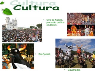 •   Círio de Nazaré,
           procissão católica
           em Belém.




•   Boi-Bumbá




                            •   Cavalhadas
 