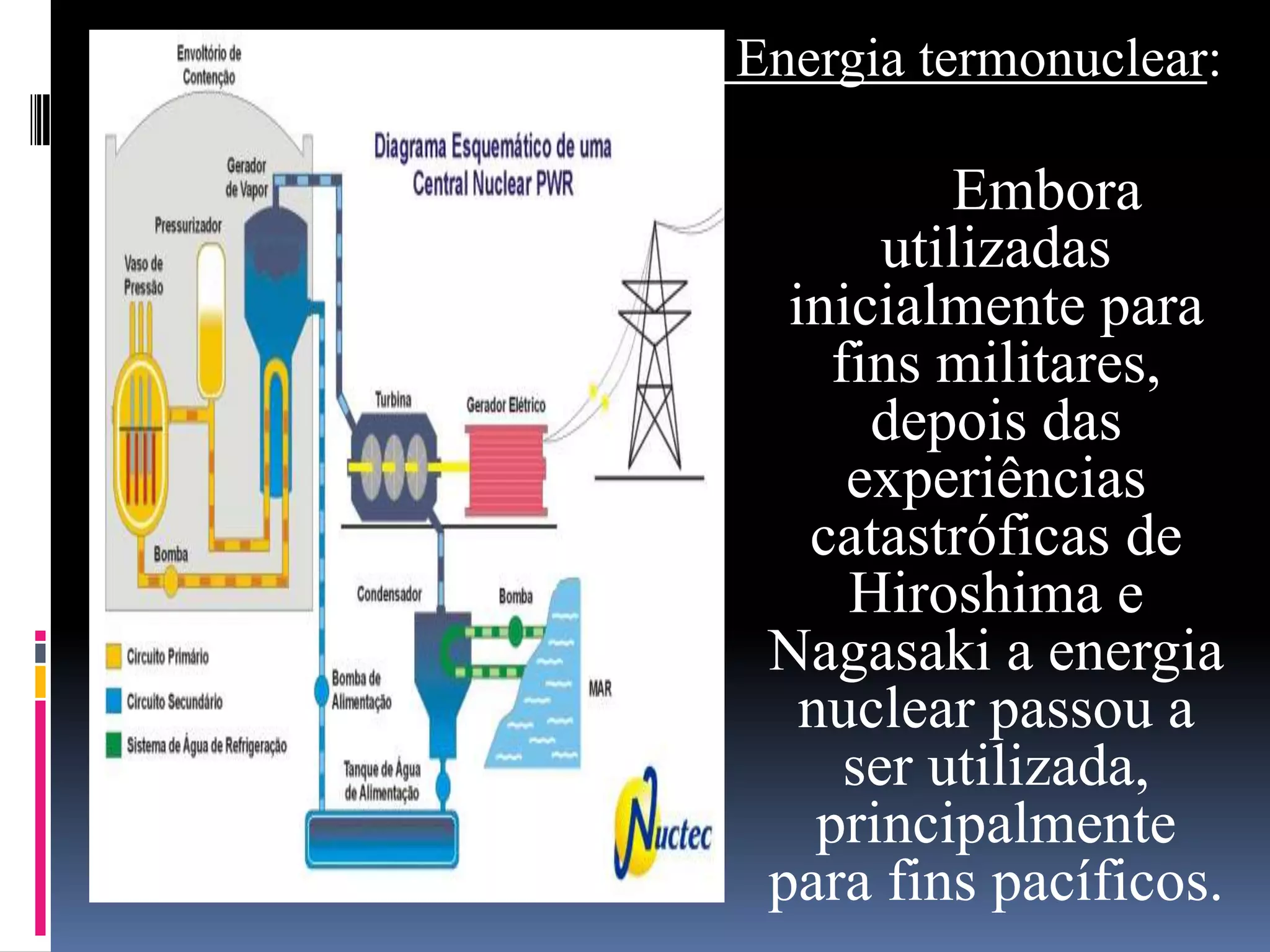 Energia termonuclear:

           Embora
        utilizadas
  inicialmente para
     fins militares,
       depois das
      experiências
   catastróficas de
      Hiroshima e
 Nagasaki a energia
   nuclear passou a
      ser utilizada,
    principalmente
 para fins pacíficos.
 