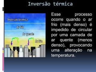 Inversão térmica
        Esse       processo
        ocorre quando o ar
        frio (mais denso) é
        impedido de circular
        por uma camada de
        ar quente (menos
        denso), provocando
        uma alteração na
        temperatura.
 