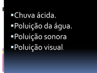 Chuva ácida.
Poluição da água.
Poluição sonora
Poluição visual.
 